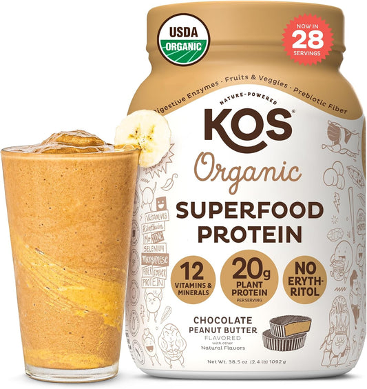 Delicious Vegan Chocolate Peanut Butter Protein Powder - KOS Organic Plant Based Meal Replacement - Keto, Gluten, Dairy, Soy Free - 2.4 lbs, 28 Servings