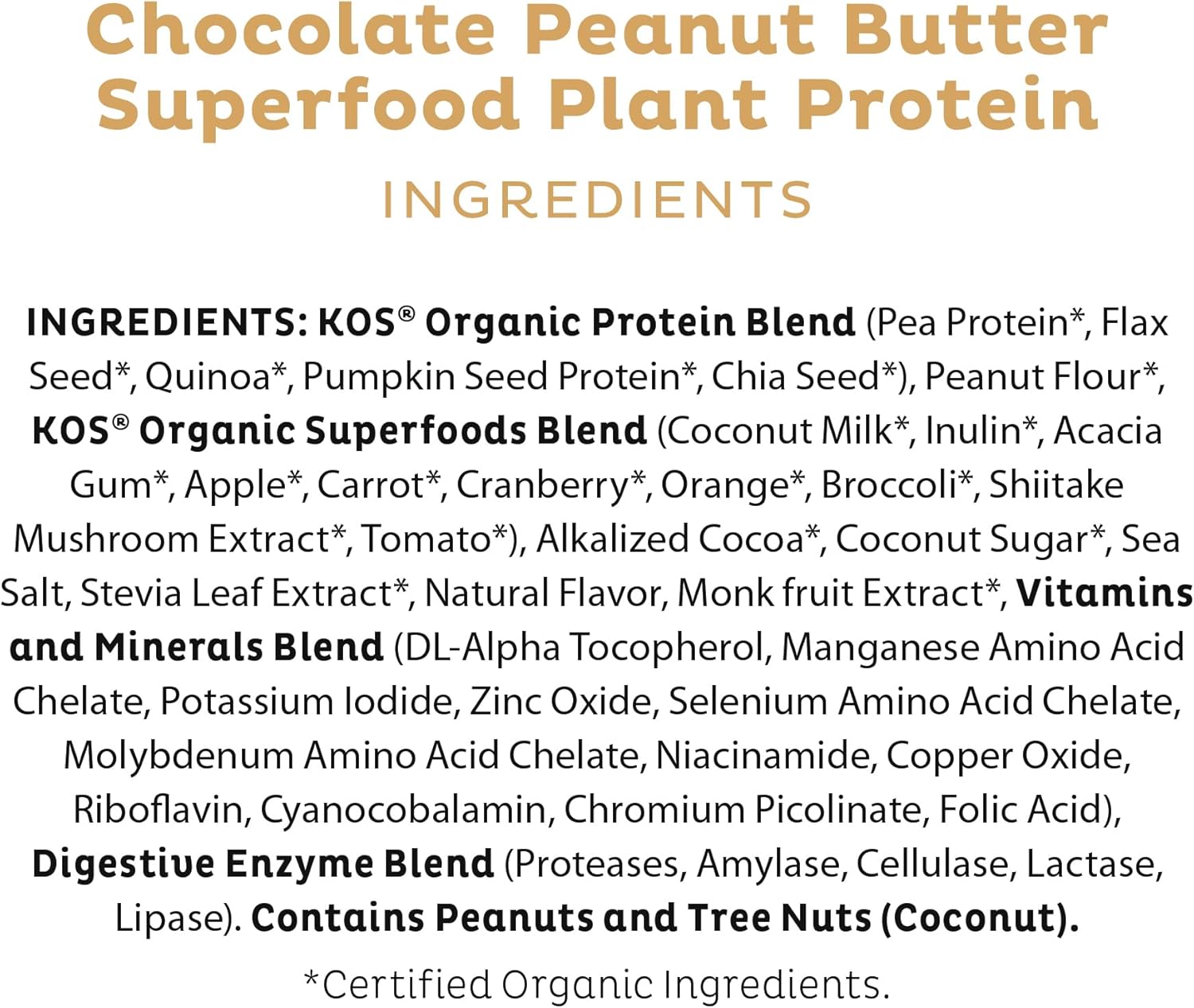 Delicious Vegan Chocolate Peanut Butter Protein Powder - KOS Organic Plant Based Meal Replacement - Keto, Gluten, Dairy, Soy Free - 2.4 lbs, 28 Servings