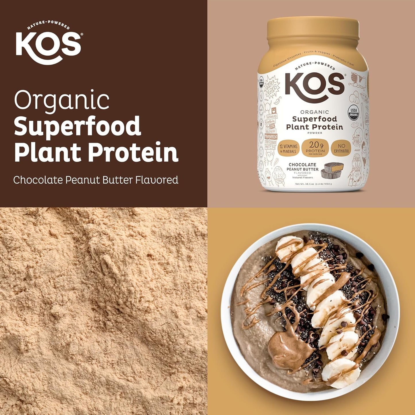 Delicious Vegan Chocolate Peanut Butter Protein Powder - KOS Organic Plant Based Meal Replacement - Keto, Gluten, Dairy, Soy Free - 2.4 lbs, 28 Servings