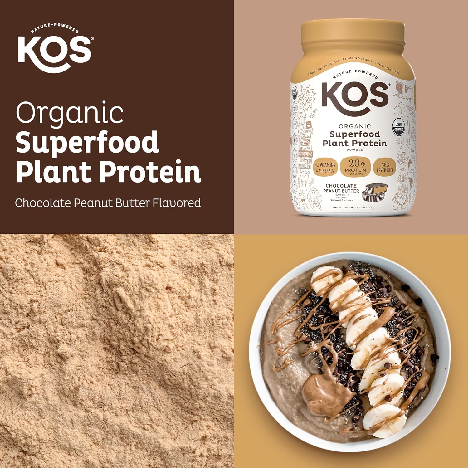 Delicious Vegan Chocolate Peanut Butter Protein Powder - KOS Organic Plant Based Meal Replacement - Keto, Gluten, Dairy, Soy Free - 2.4 lbs, 28 Servings