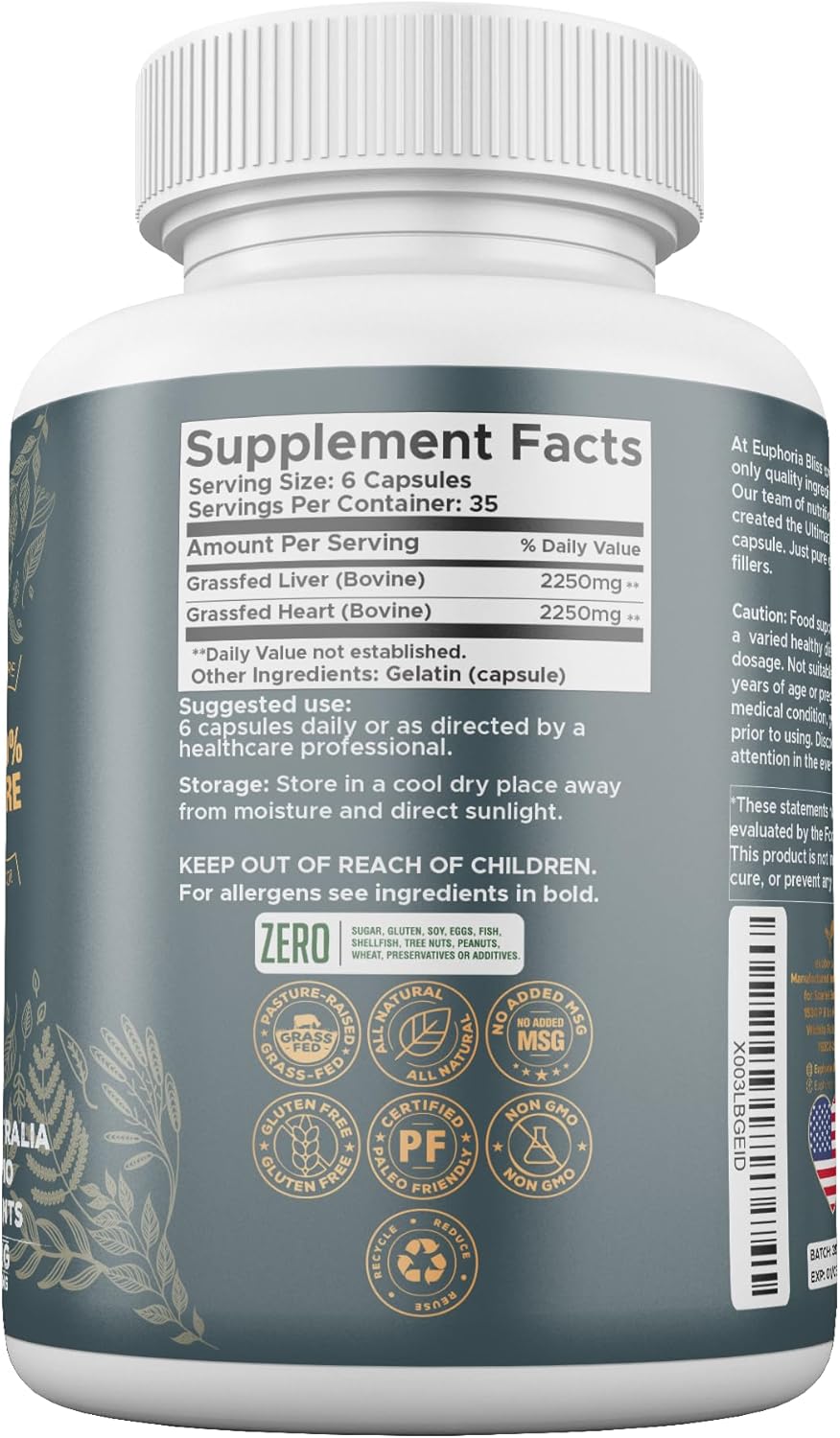 Desiccated Grass Fed Beef Liver & Heart Capsules | 210 Quick Release Capsules (750mg Each) Non-GMO Supplement