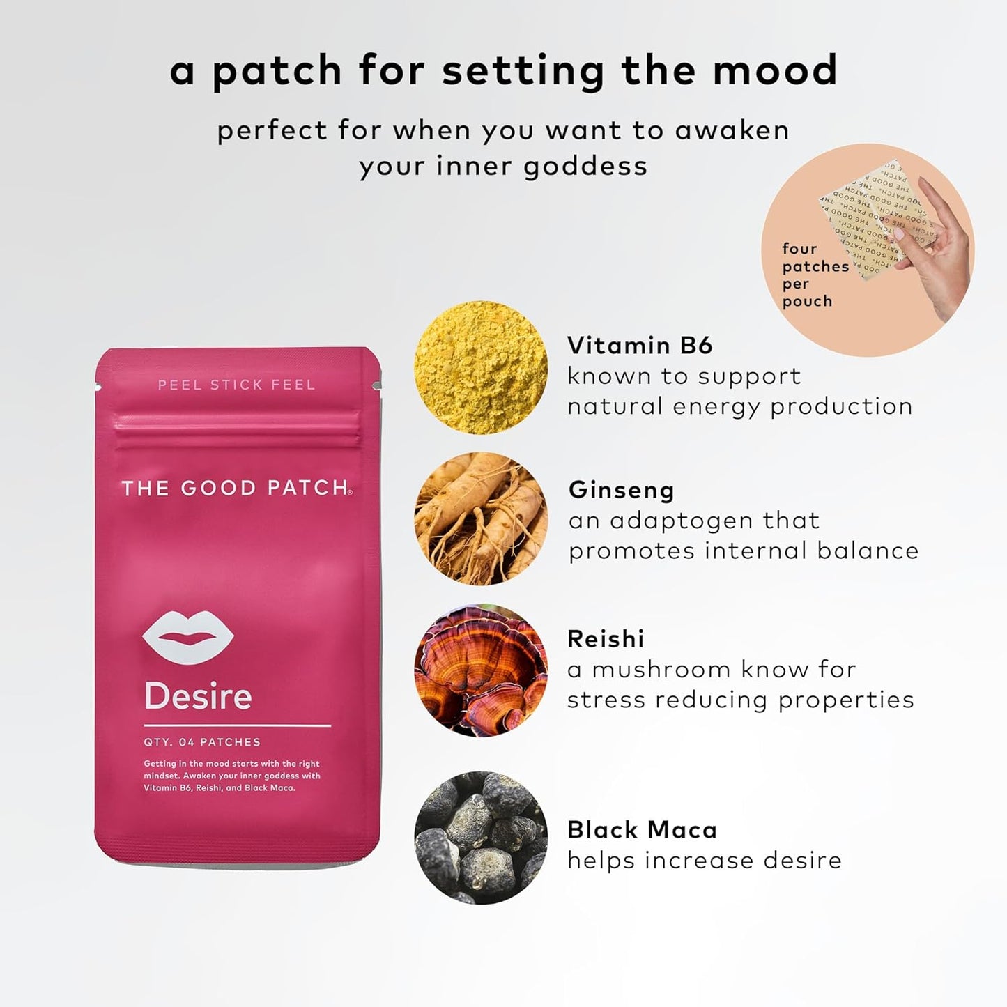 Desire Sexual Wellness Patches - Natural Plant-Powered Patches with Vitamin B6, Reishi, and Black Maca for Mood Enhancement (8 Patches)