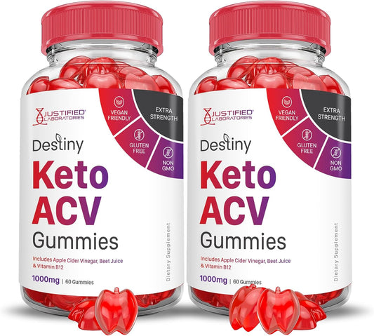 Destiny Keto ACV Gummies (2 Pack) 1000MG - Apple Cider Vinegar with Pomegranate & Beet Juice Powder - B12, Vegan, Non GMO - 120 Gummies