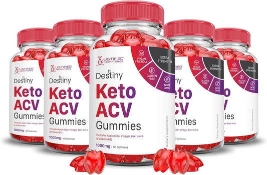 Destiny Keto ACV Gummies (5 Pack) | Advanced Formula 1000MG | Apple Cider Vinegar with Pomegranate & B12 | Vegan & Non GMO | 300 Gummies