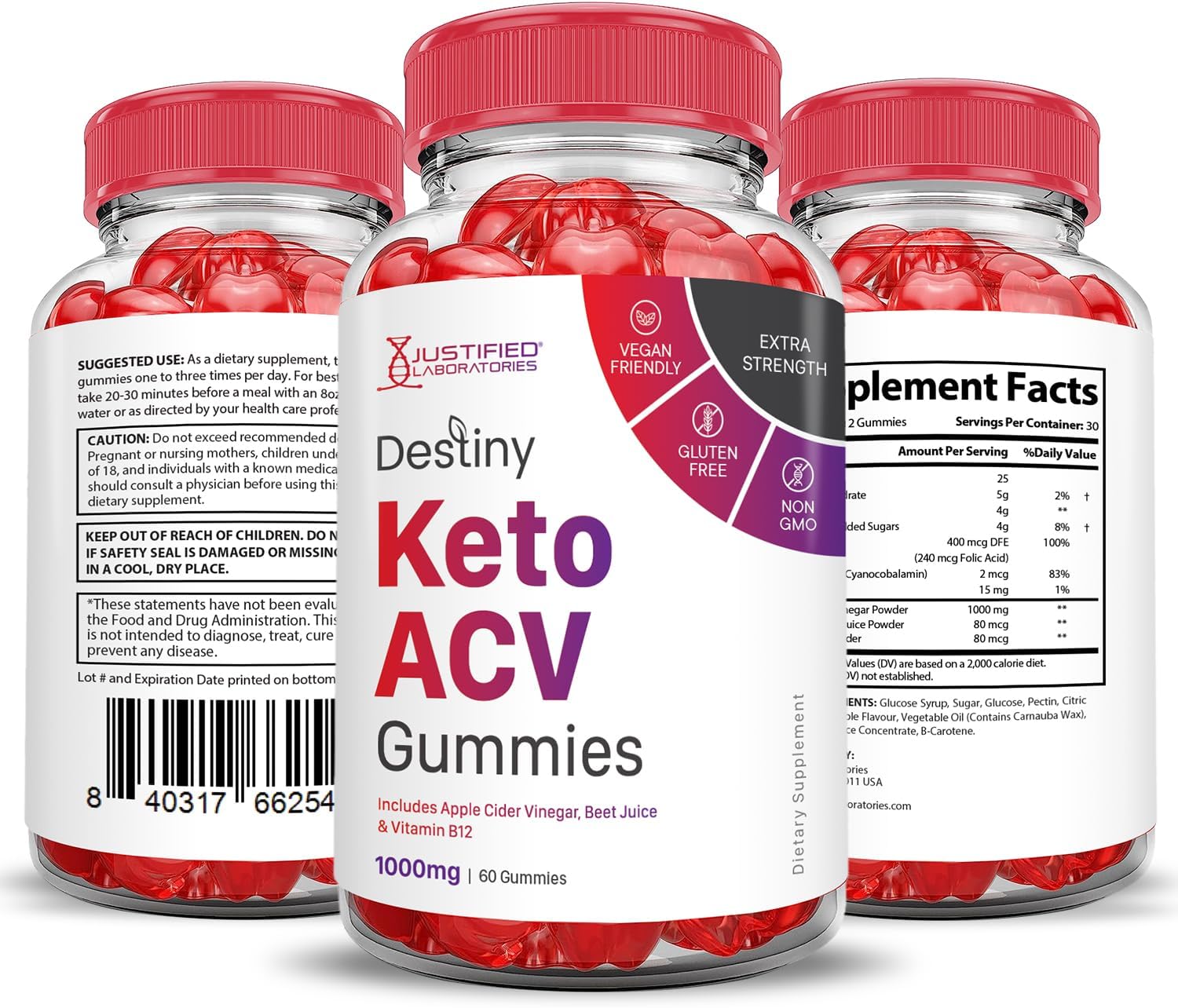 Destiny Keto ACV Gummies (5 Pack) | Advanced Formula 1000MG | Apple Cider Vinegar with Pomegranate & B12 | Vegan & Non GMO | 300 Gummies