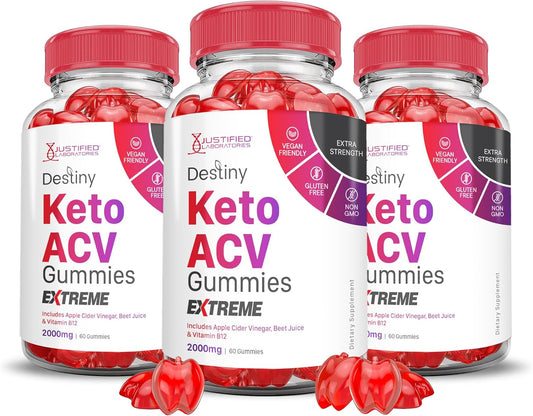 Destiny Keto ACV Gummies Extreme 2000MG - 3 Pack with Pomegranate Beet Juice - B12 Vegan Non GMO - 180 Gummys