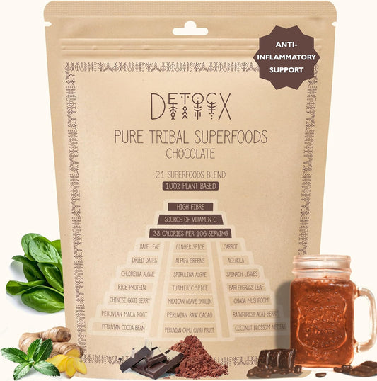 Detocx 21 Supergreens Chocolate Powder - Energy Boosting Superfoods for Digestion - Organic Probiotic Prebiotic Fibre Vitamins Minerals - Gluten Dairy Soy Free Vegan - 30+ Servings 8.82oz