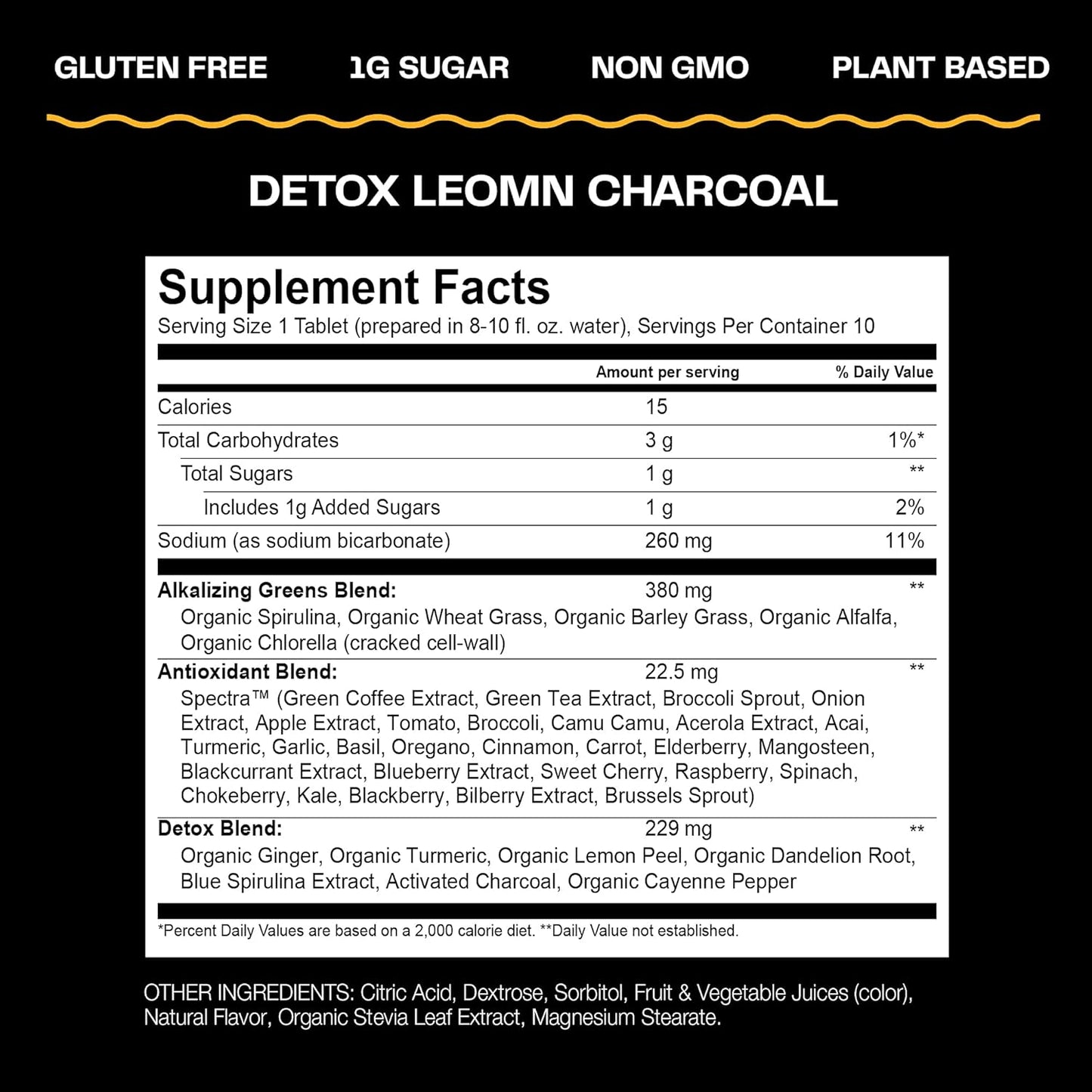 Detox Lemon Charcoal Fizzy Green Tablets: Antioxidant-Rich Water Flavoring, 60 Count
