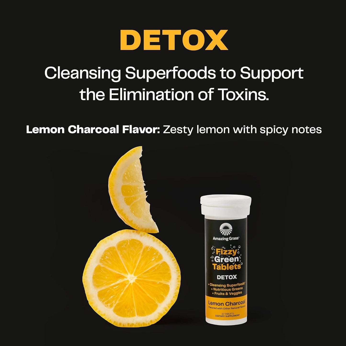 Detox Lemon Charcoal Fizzy Green Tablets: Antioxidant-Rich Water Flavoring, 60 Count