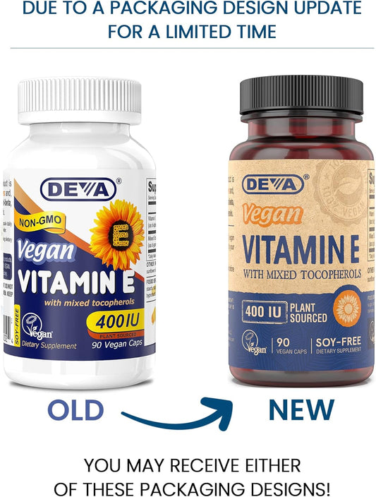 DEVA Vegan Vitamin E 400IU Capsules with Mixed Tocopherols - Immune System & Skin Support, Antioxidant, Gluten-Free, Dairy-Free, Non-GMO - 90 Count