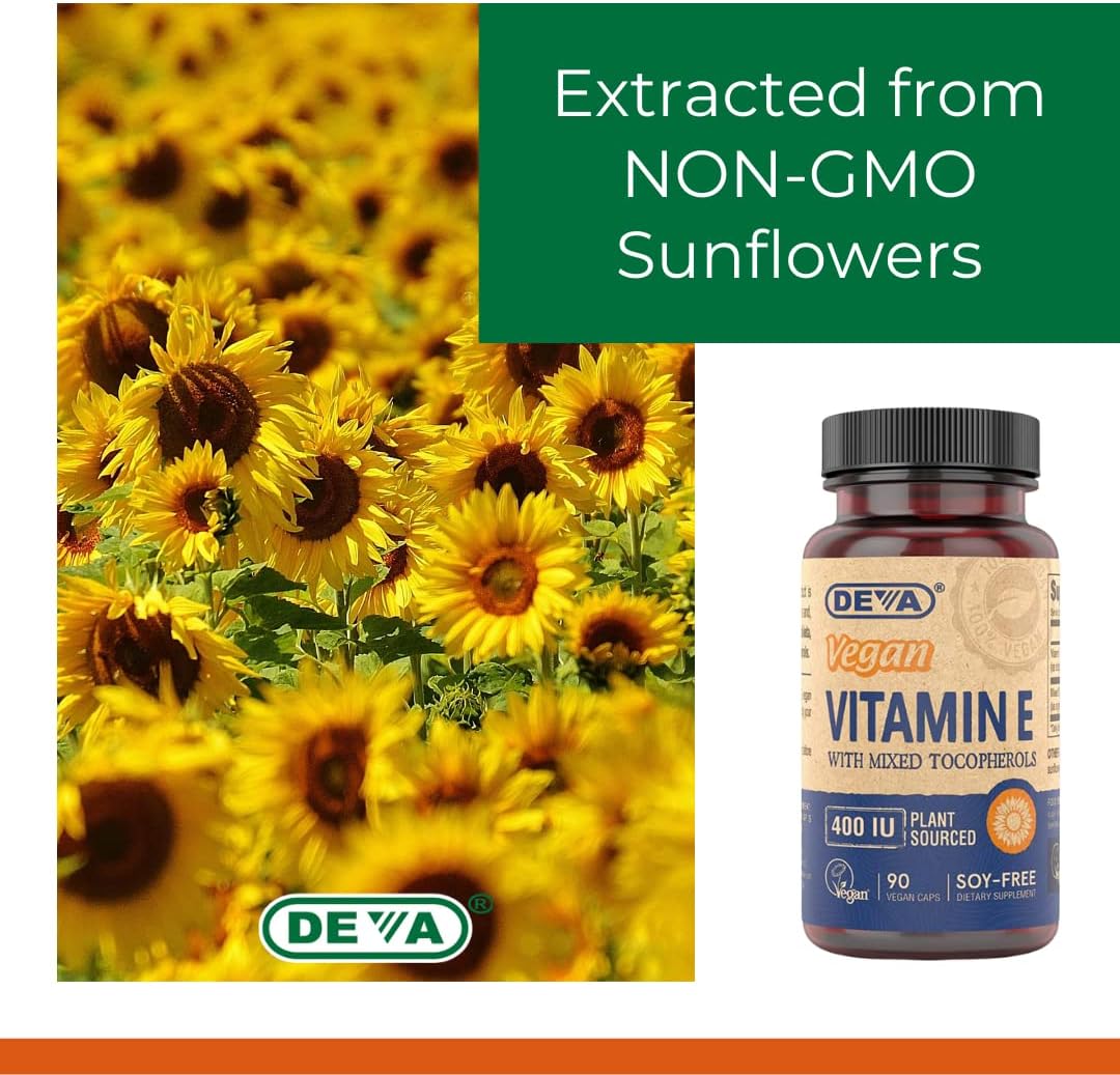 DEVA Vegan Vitamin E 400IU Capsules with Mixed Tocopherols - Immune System & Skin Support, Antioxidant, Gluten-Free, Dairy-Free, Non-GMO - 90 Count