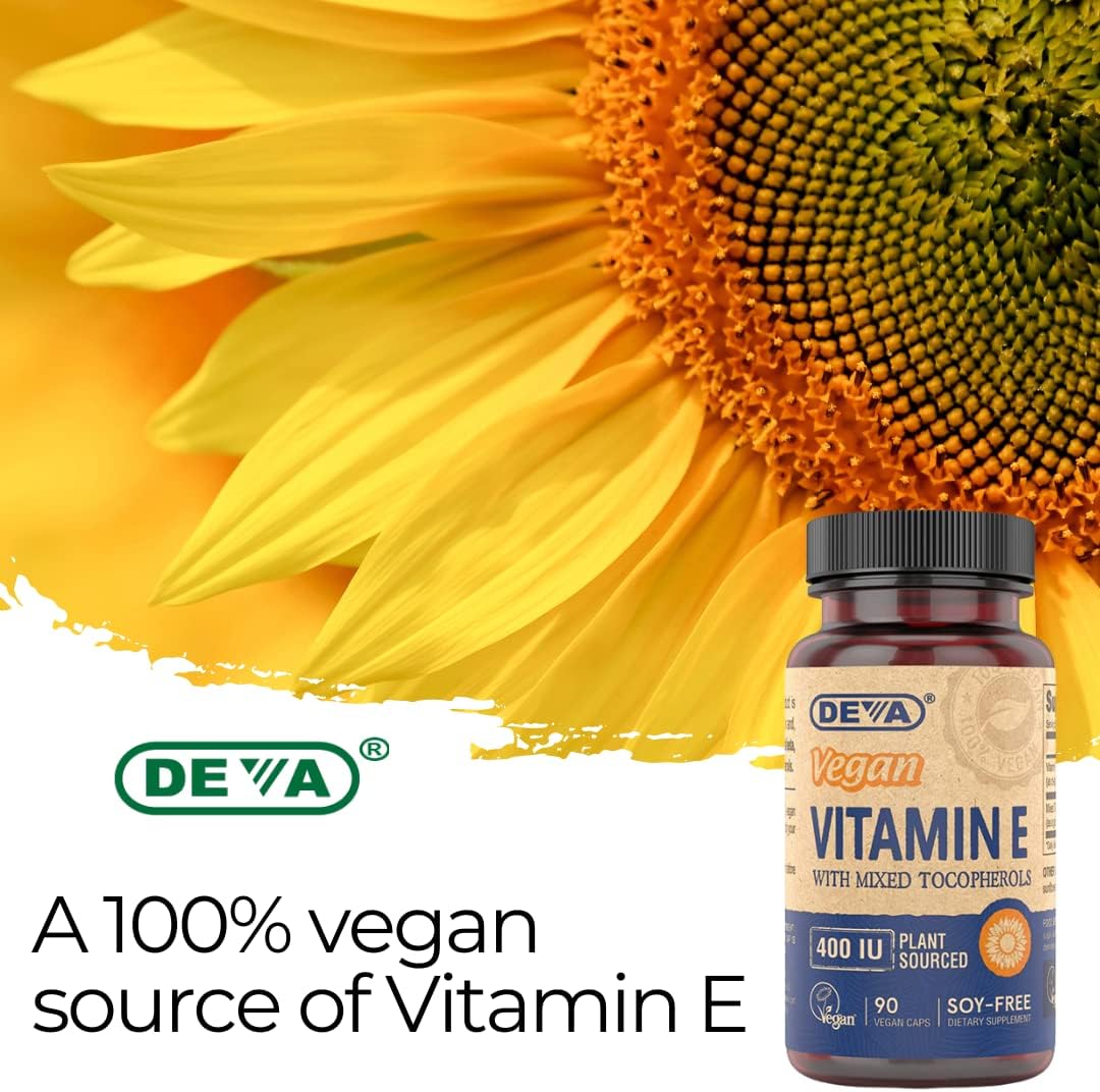 DEVA Vegan Vitamin E 400IU Capsules with Mixed Tocopherols - Immune System & Skin Support, Antioxidant, Gluten-Free, Dairy-Free, Non-GMO - 90 Count