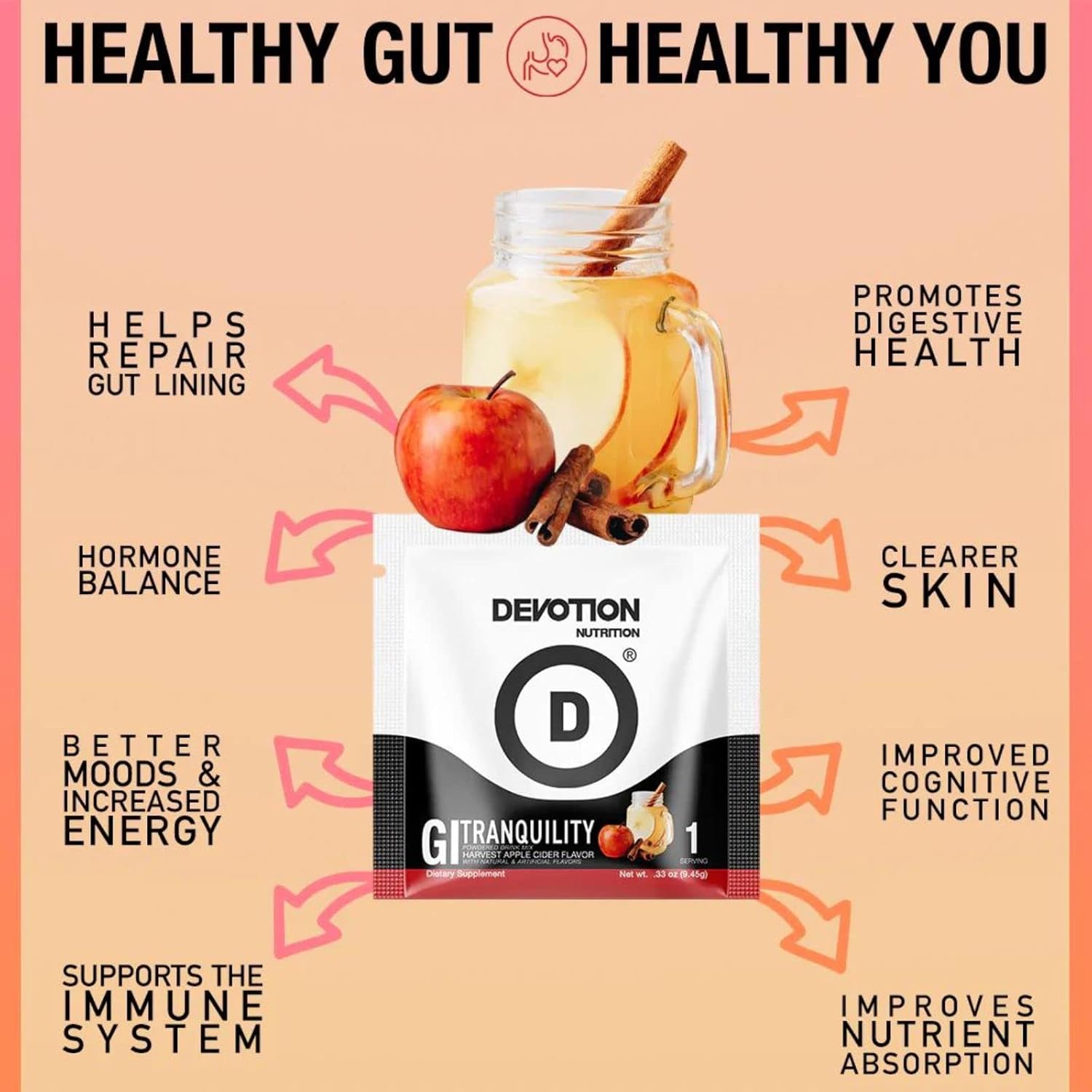 Devotion Nutrition GI Tranquility Powder Supplement - Supports Digestive Health with Glutamine, Licorice Root, Zinc, Aloe Vera - Harvest Apple Cider Flavor - 30 Servings