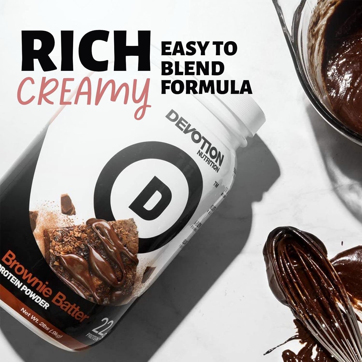 Devotion Nutrition Protein Powder Blend - Gluten Free & Keto Friendly with 1g MCT, 20g Protein - Brownie Batter Flavor - 2lb Tub