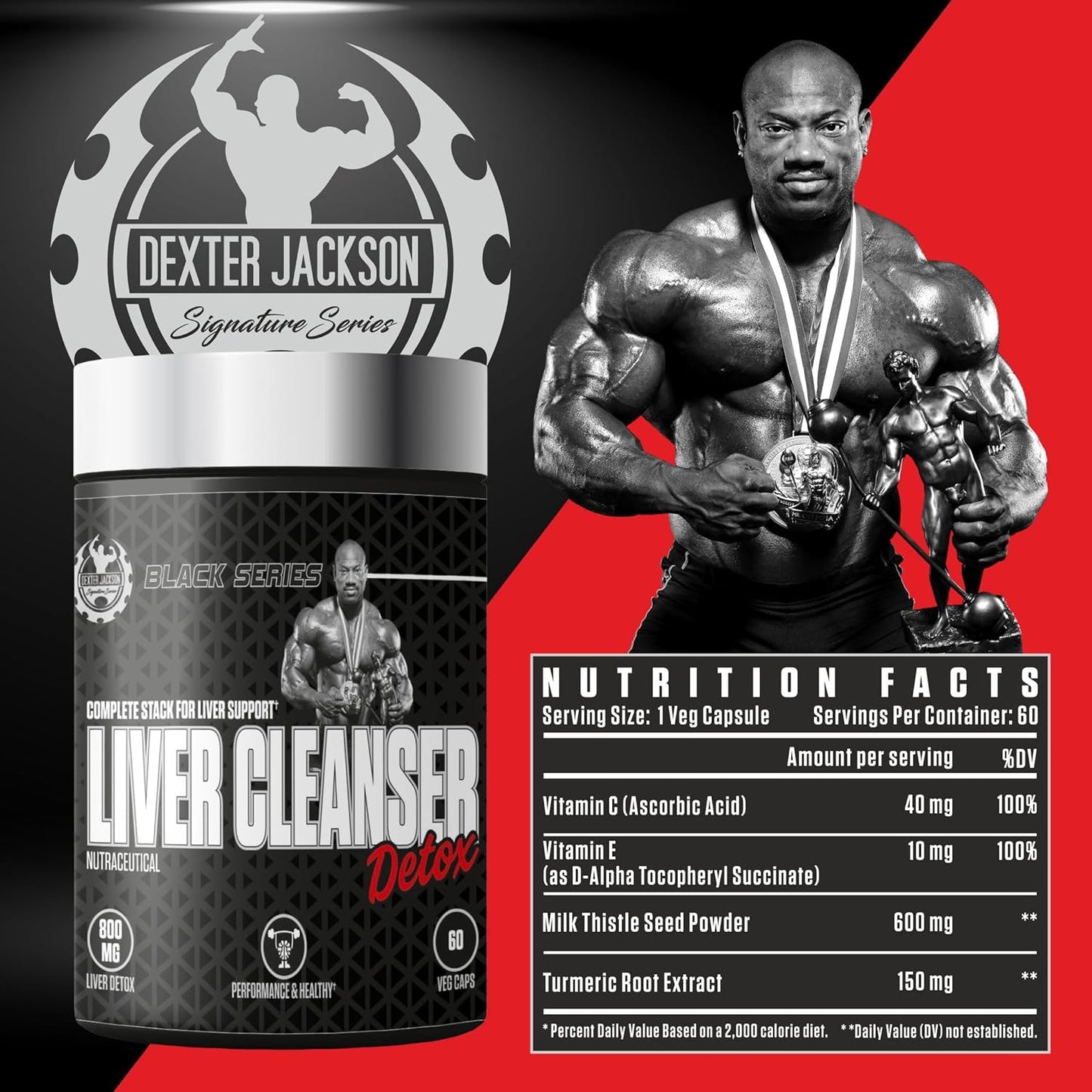 Dexter Jackson Black Series Liver Detox Supplement | Milk Thistle Seed Powder, Vitamins E & C | Bodybuilders & Fitness | 60 Veg Capsules