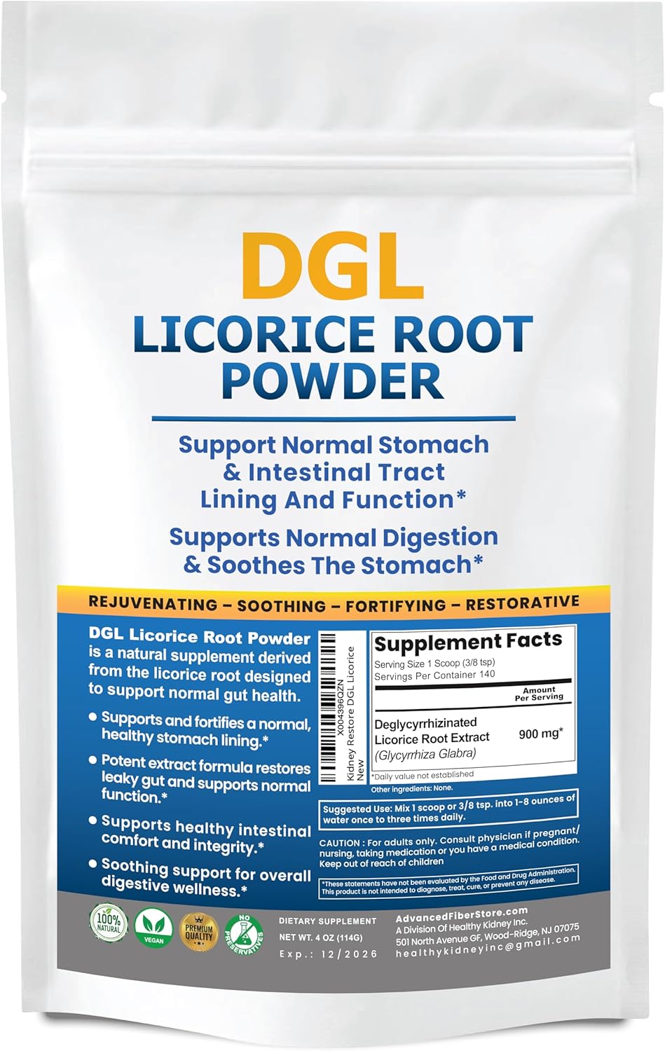 DGL Licorice Root Extract Powder: Stomach Relief & Digestive Restoration Supplement for Acid & Leaky Gut Repair - 140 Servings