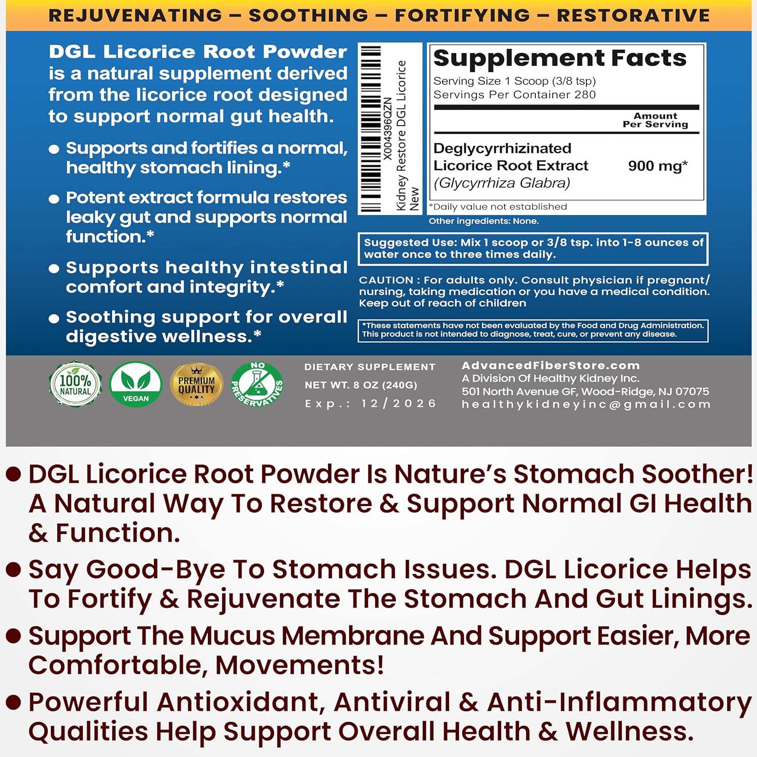 DGL Licorice Root Extract Powder: Stomach Relief & Digestive Restoration Supplement for Acid & Leaky Gut Repair - 140 Servings