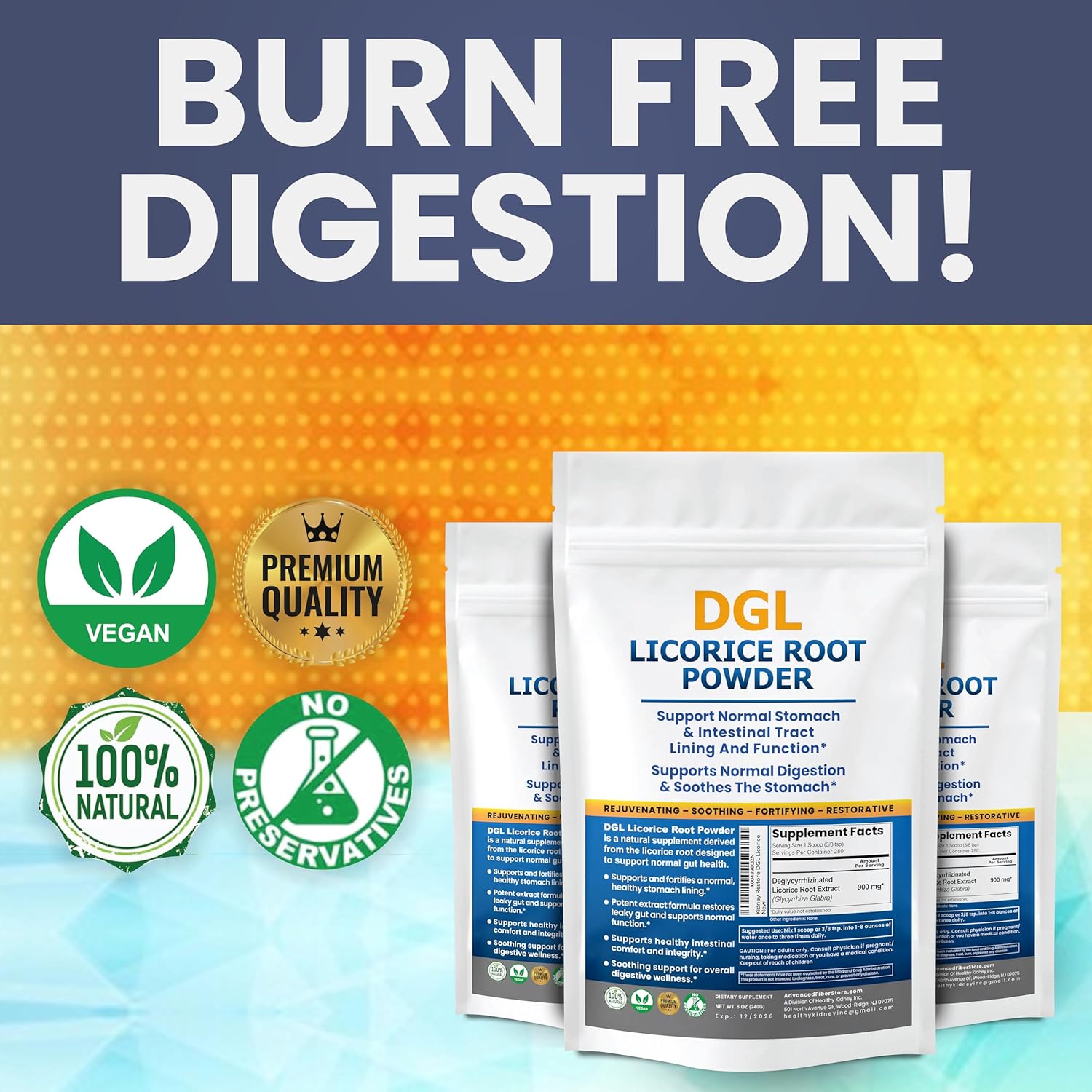 DGL Licorice Root Extract Powder: Stomach Relief & Digestive Restoration Supplement for Acid & Leaky Gut Repair - 140 Servings