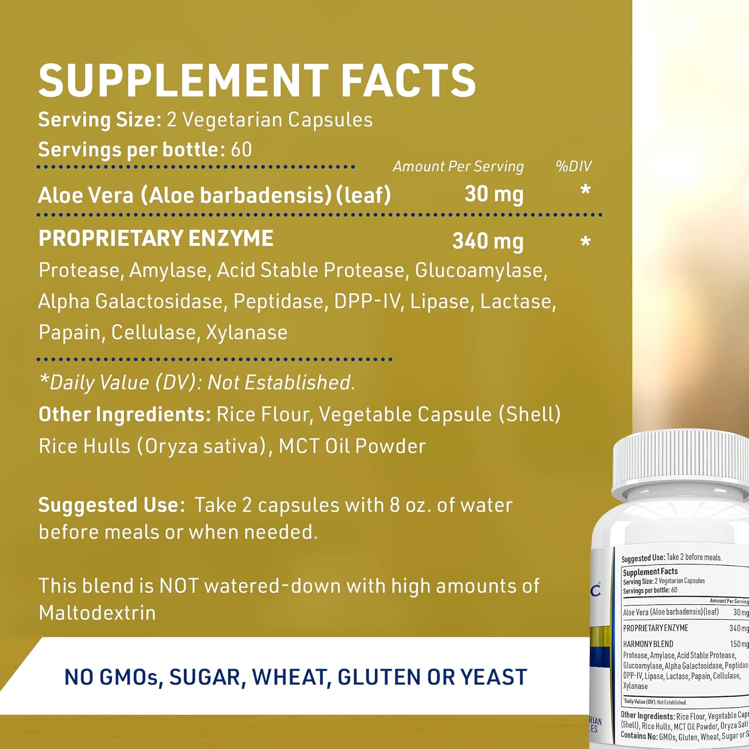 Digest Harmony Enzymes for Gut Health - Papaya Enzymes, Eases Bloating - 120 Capsules