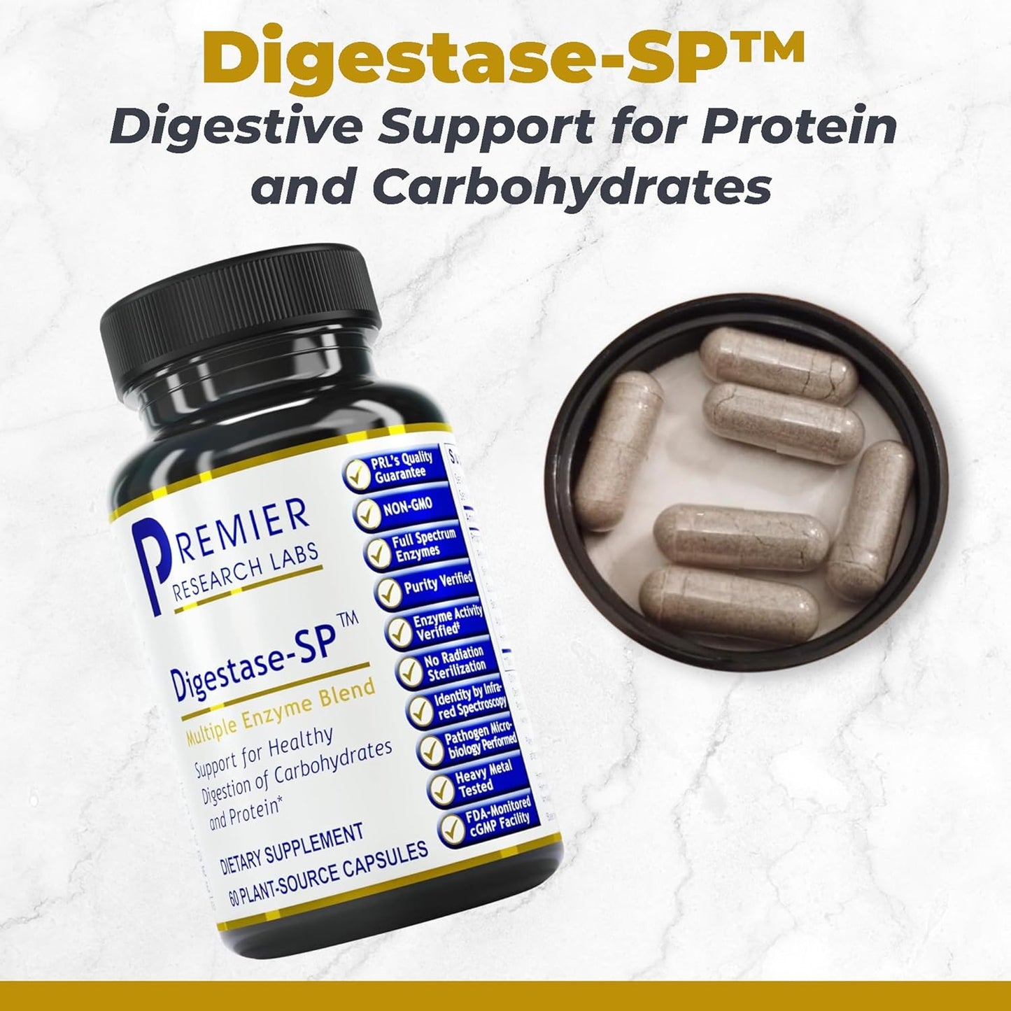 Digestase-SP Enzyme Supplement - Supports Carbohydrate and Protein Digestion - Plant-Based Relief for Intestinal Gas and Bloating - 60 Capsules
