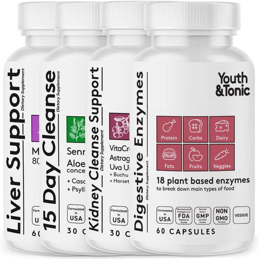 Digestive and Renal Systems Health Bundle: Youth & Tonic Liver Support, Kidney Cleanse, Colon Cleanse, Digestive Enzymes Pills