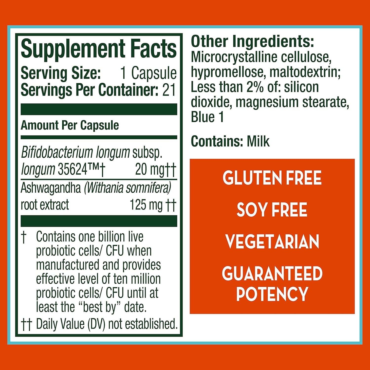 Digestive De-Stress Probiotic with Ashwagandha for Men and Women, Gluten-Free, Soy-Free, Vegetarian - 42 Capsules