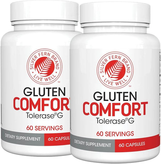 Digestive Enzyme for Gluten Protein Breakdown - 2 Bottles of Silver Fern Gluten Comfort with Tolerase G - 60 Capsules Each