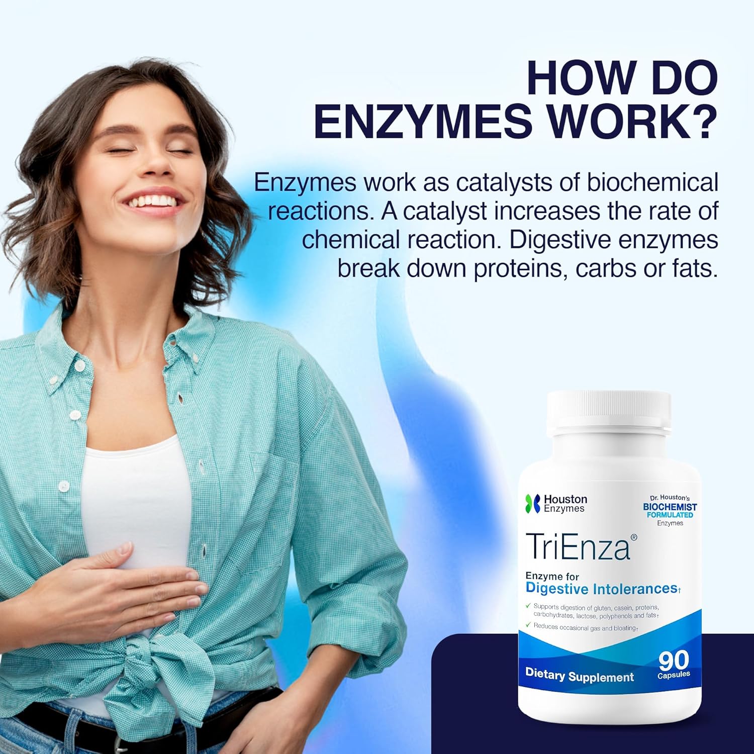 Digestive Enzyme Supplement for Gluten, Casein, Soy, Proteins, Carbs, Fats & Polyphenols - Houston Enzymes TriEnza - 90 Capsules for Women & Men