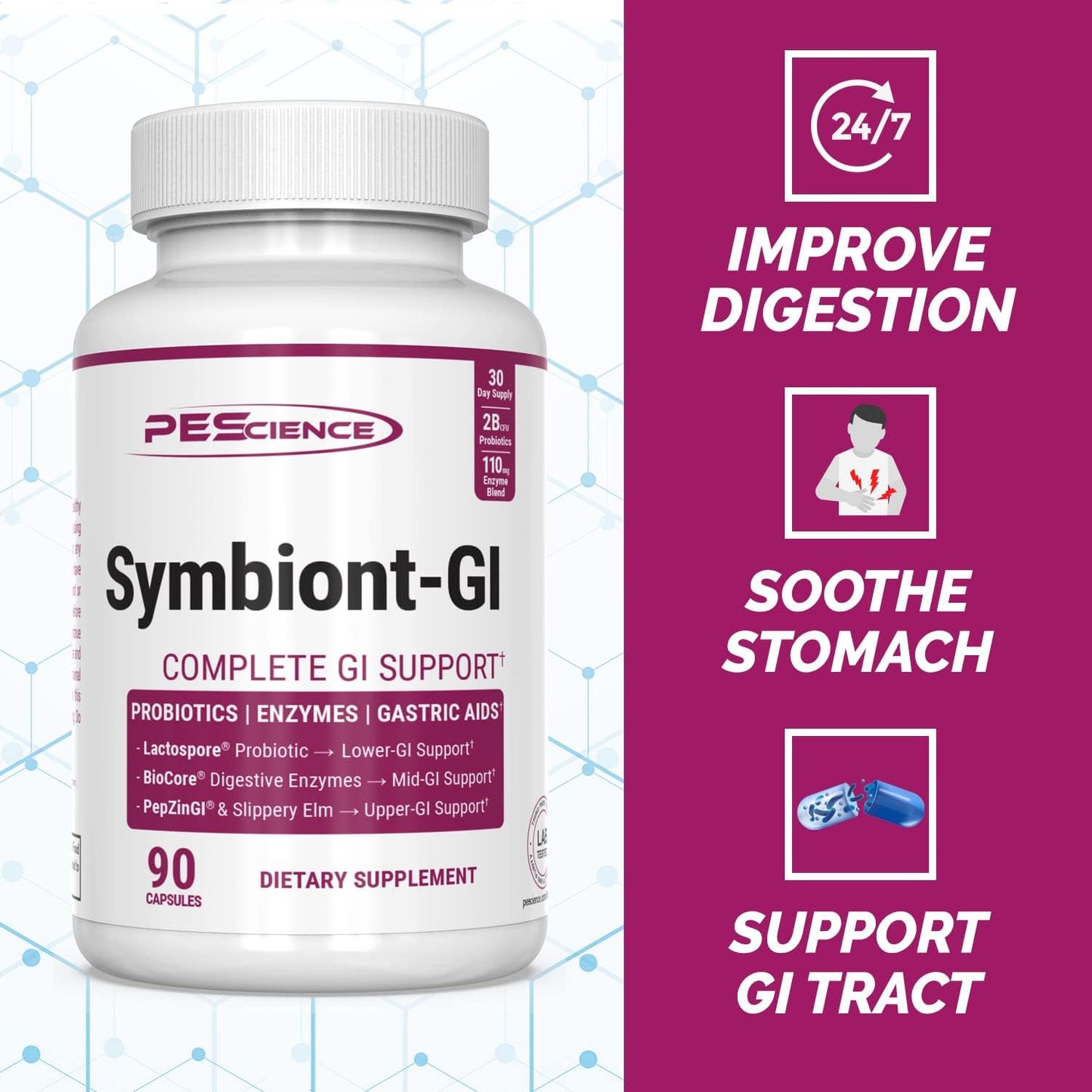 Digestive Enzyme Supplement with Zinc Carnosine for Women and Men - PEScience Symbiont GI, Shelf Stable Probiotic - 30 Day Supply