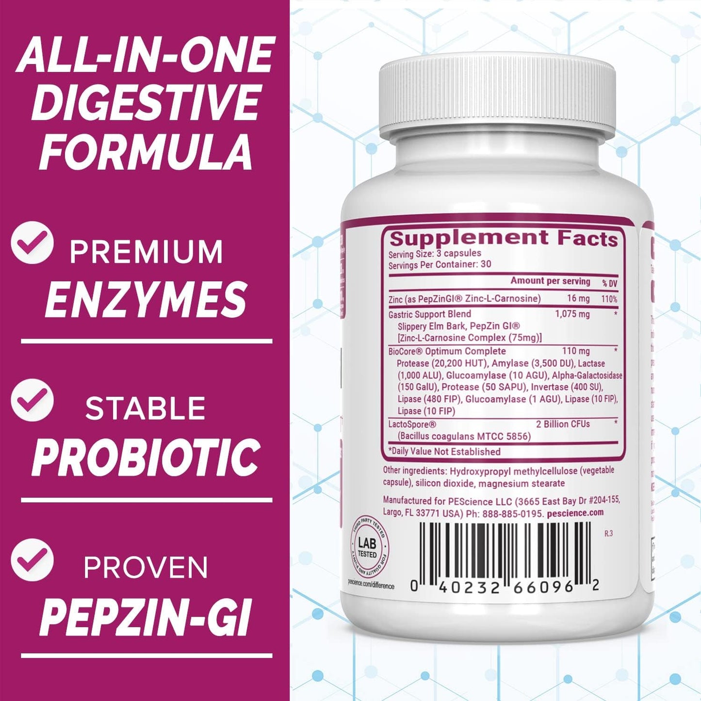 Digestive Enzyme Supplement with Zinc Carnosine for Women and Men - PEScience Symbiont GI, Shelf Stable Probiotic - 30 Day Supply