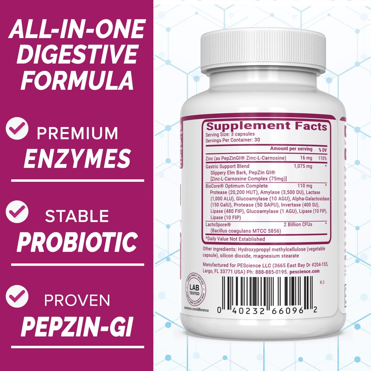 Digestive Enzyme Supplement with Zinc Carnosine for Women and Men - PEScience Symbiont GI, Shelf Stable Probiotic - 30 Day Supply