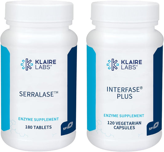 Digestive Enzymes Bundle: Klaire Labs Interfase Plus & Serralase - Support Gut Health, Biofilm, and Detox - 120 Capsules + 180 Tablets