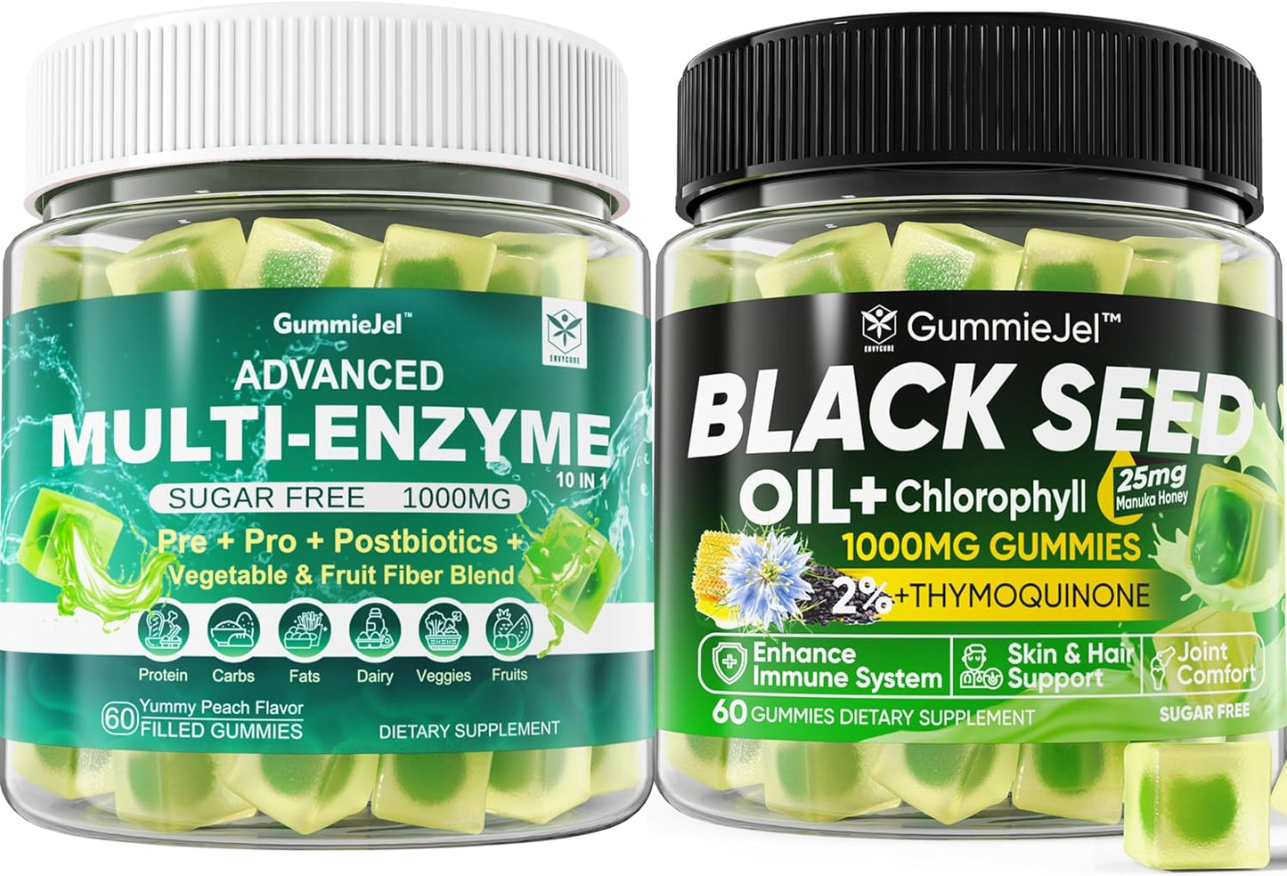 Digestive Enzymes Gummies 1000mg Chewable - Probiotic, Prebiotic & Fiber Blend, Black Seed Oil Gummies, Chlorophyll, Hydrolyzed Collagen - 90 Billion CFU, 500mcg Biotin, Raw Manuka - EnvyCure