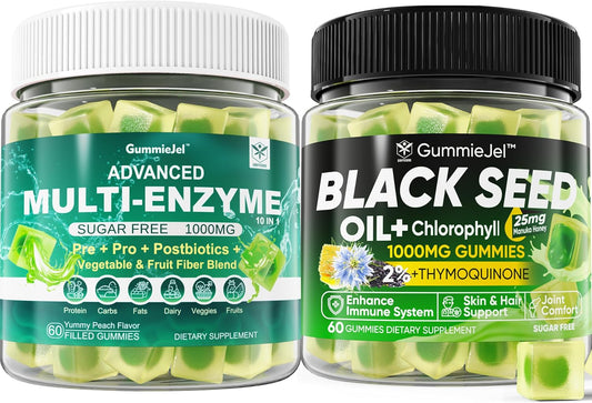 Digestive Enzymes Gummies 1000mg Chewable - Probiotic, Prebiotic & Fiber Blend, Black Seed Oil Gummies, Chlorophyll, Hydrolyzed Collagen - 90 Billion CFU, 500mcg Biotin, Raw Manuka - EnvyCure