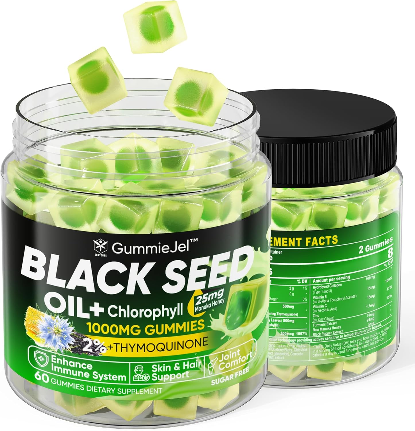 Digestive Enzymes Gummies 1000mg Chewable - Probiotic, Prebiotic & Fiber Blend, Black Seed Oil Gummies, Chlorophyll, Hydrolyzed Collagen - 90 Billion CFU, 500mcg Biotin, Raw Manuka - EnvyCure