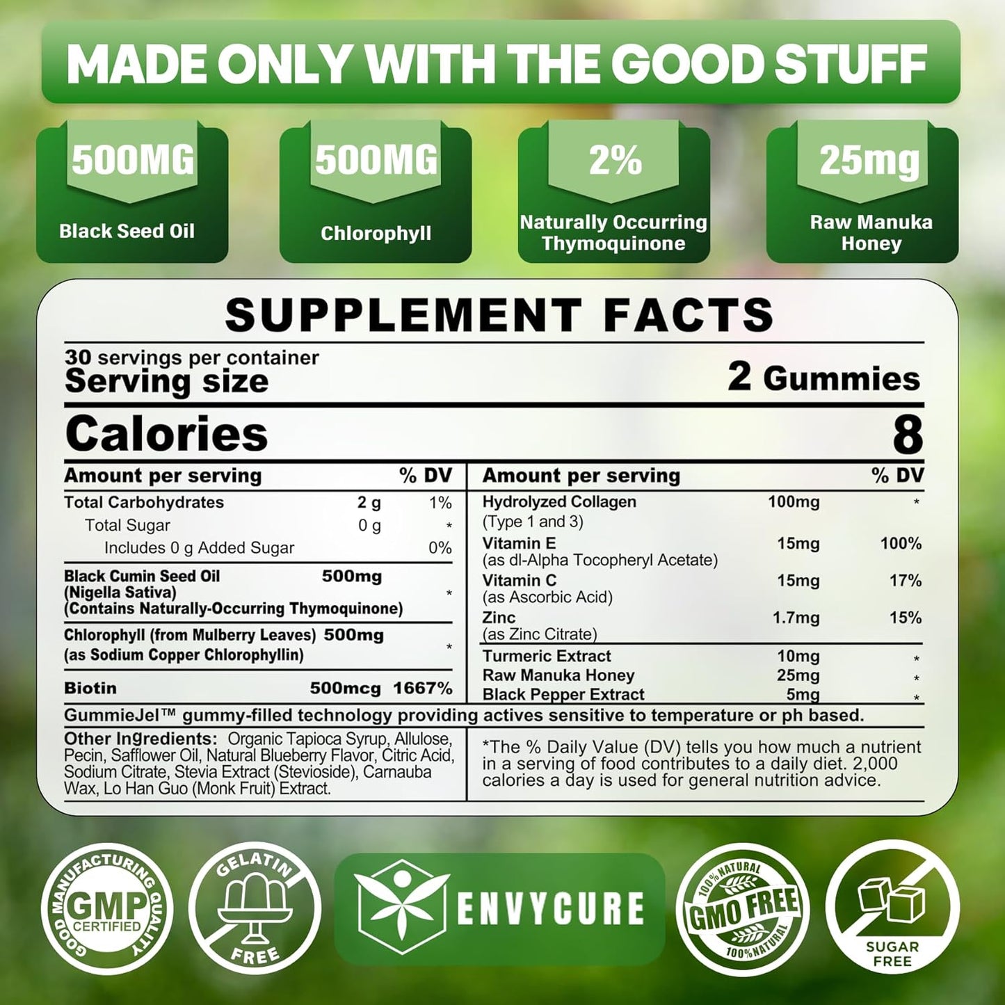 Digestive Enzymes Gummies 1000mg Chewable - Probiotic, Prebiotic & Fiber Blend, Black Seed Oil Gummies, Chlorophyll, Hydrolyzed Collagen - 90 Billion CFU, 500mcg Biotin, Raw Manuka - EnvyCure