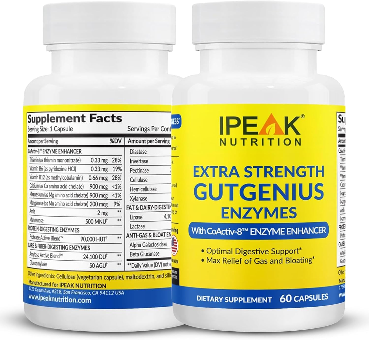 Digestive Enzymes Supplement for Gut Support & Gas Relief - Full-Spectrum Formula with Gluten, Fats, Carbs & Lactose Digestion - 60 Capsules