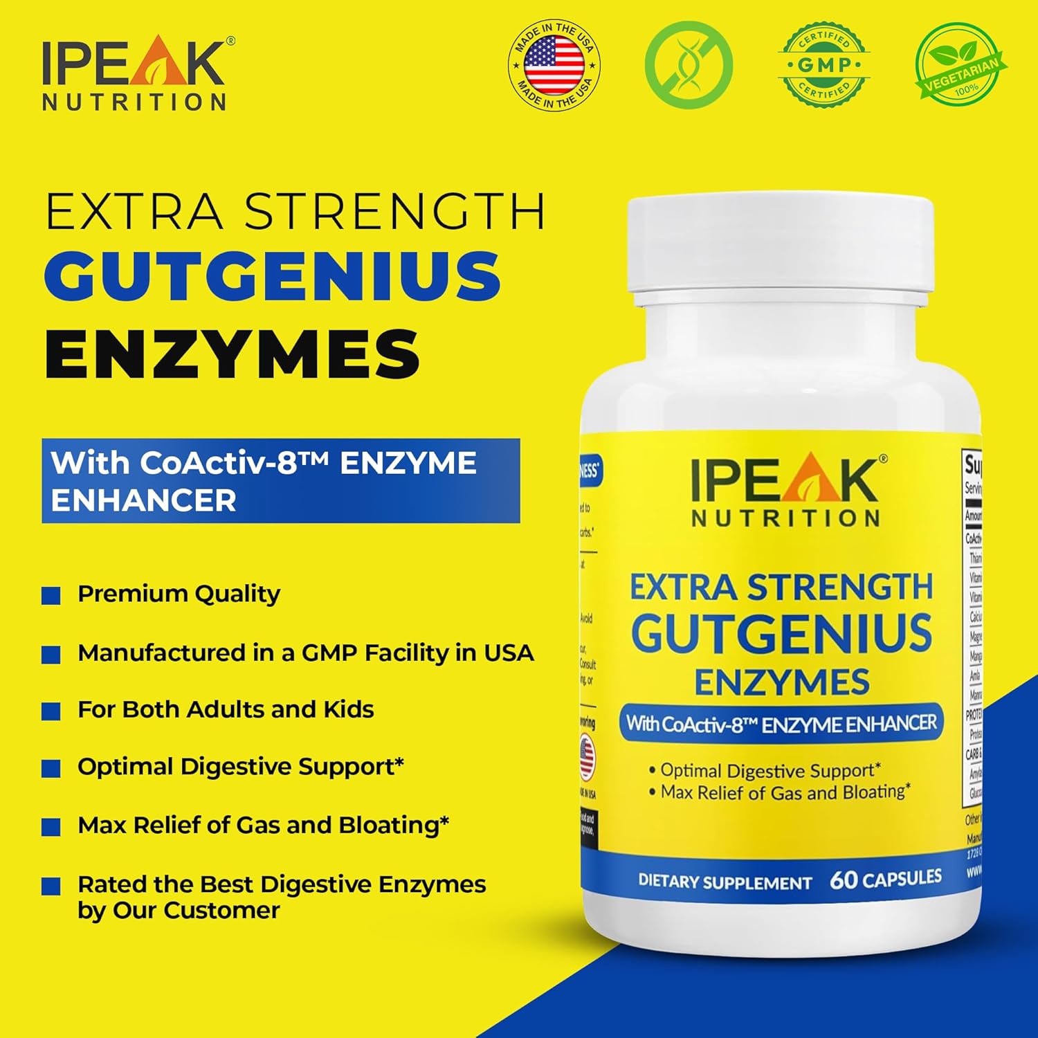 Digestive Enzymes Supplement for Gut Support & Gas Relief - Full-Spectrum Formula with Gluten, Fats, Carbs & Lactose Digestion - 60 Capsules