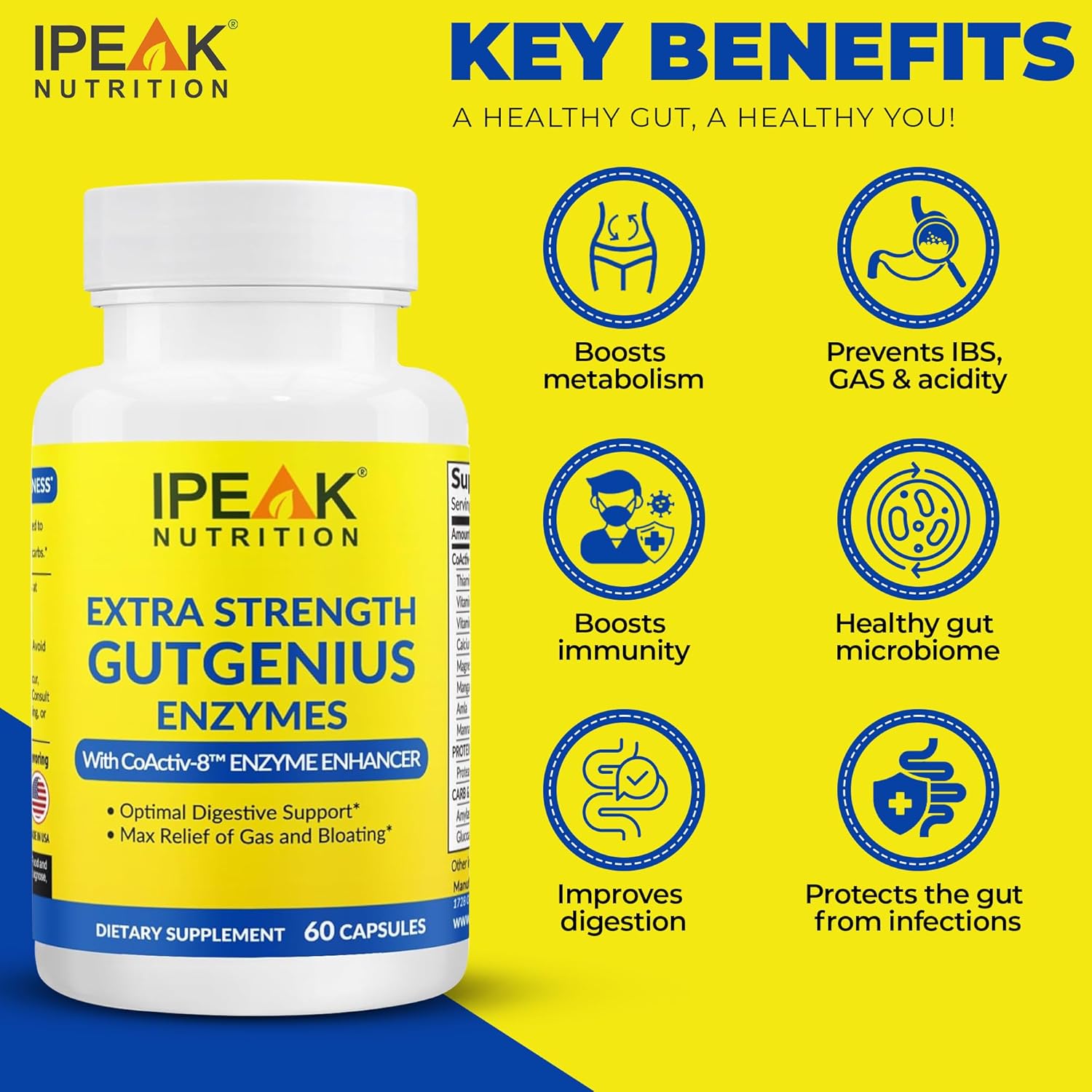 Digestive Enzymes Supplement for Gut Support & Gas Relief - Full-Spectrum Formula with Gluten, Fats, Carbs & Lactose Digestion - 60 Capsules