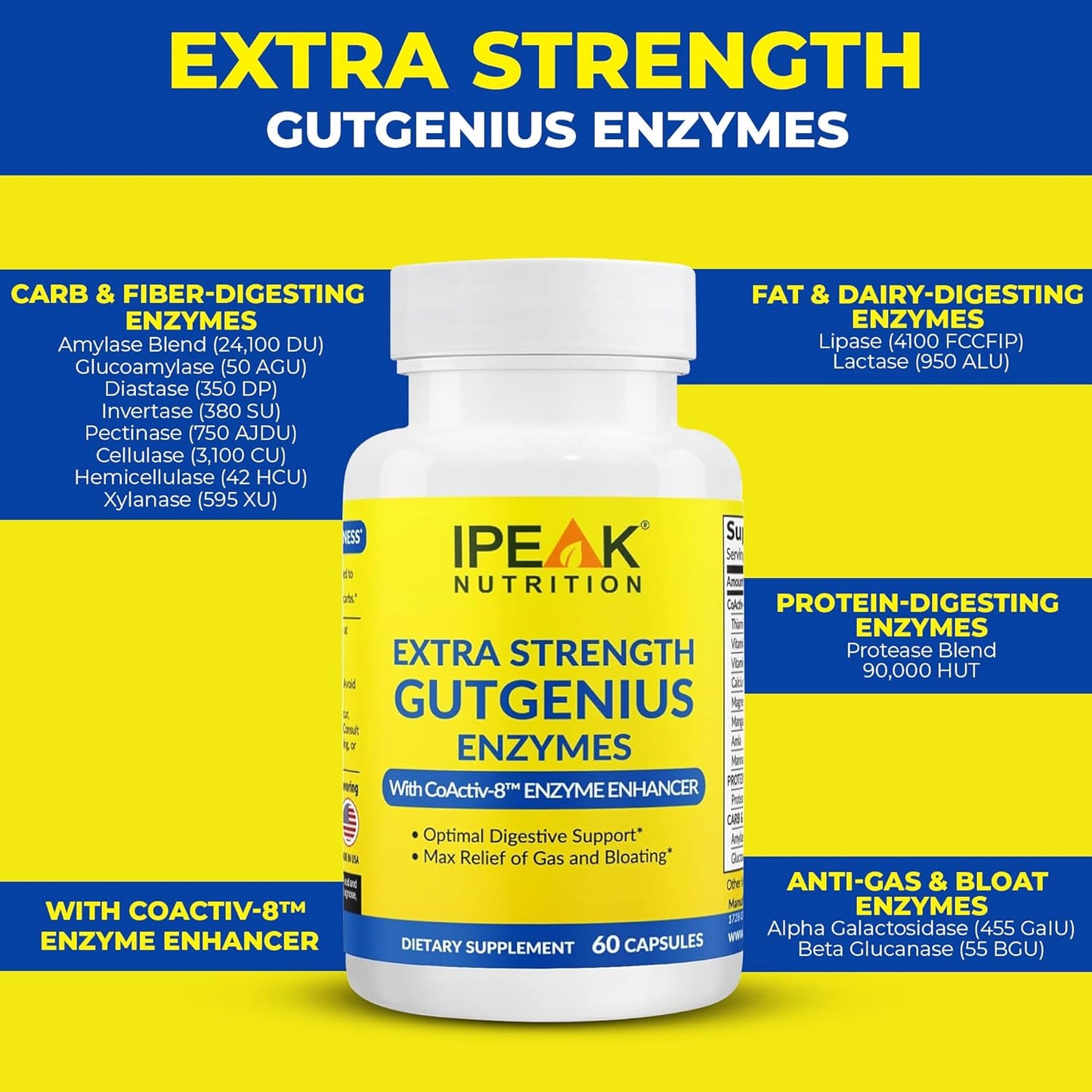 Digestive Enzymes Supplement for Gut Support & Gas Relief - Full-Spectrum Formula with Gluten, Fats, Carbs & Lactose Digestion - 60 Capsules