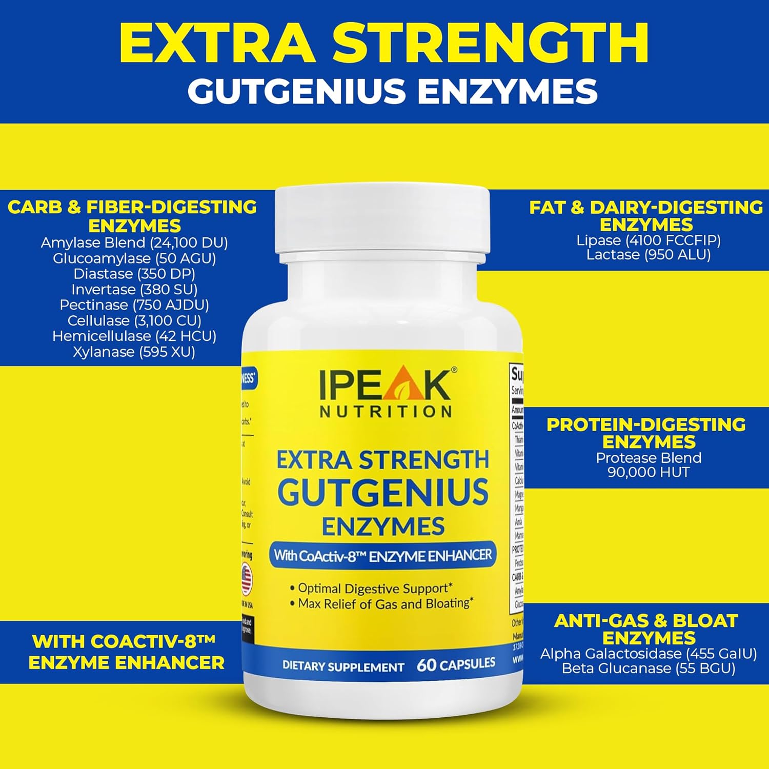 Digestive Enzymes Supplement for Gut Support & Gas Relief - Full-Spectrum Formula with Gluten, Fats, Carbs & Lactose Digestion - 60 Capsules