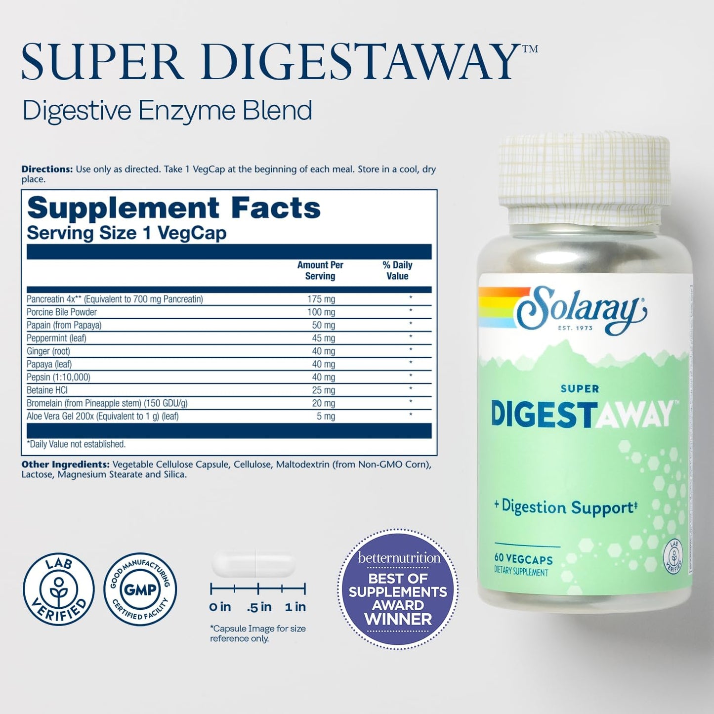 Digestive Enzymes Supplement with Pancreatin, Papain, Ginger, Betaine HCl, Aloe Vera - Supports Digestion & Nutrient Absorption - 60 VegCaps