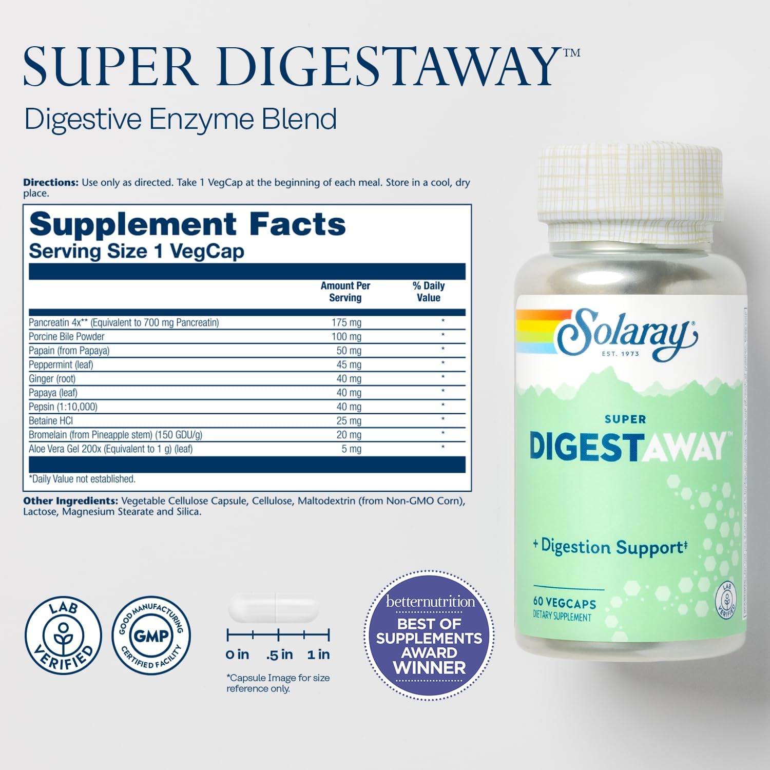 Digestive Enzymes Supplement with Pancreatin, Papain, Ginger, Betaine HCl, Aloe Vera - Supports Digestion & Nutrient Absorption - 60 VegCaps