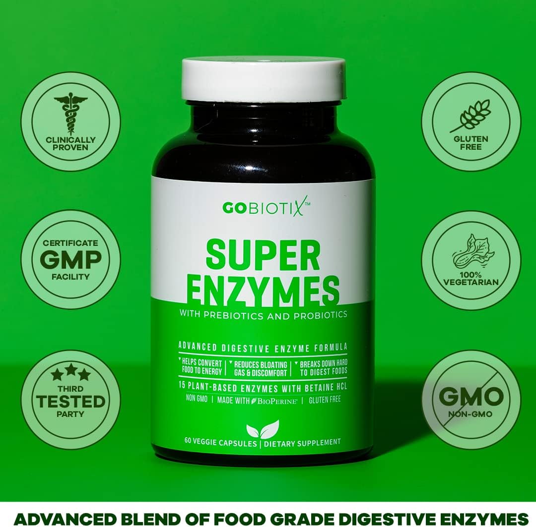Digestive Enzymes Supplement with Prebiotics and Probiotics - Supports Gut Health, Gluten and Lactose Digestion - Plant Based Pills for Men and Women - 60 Capsules