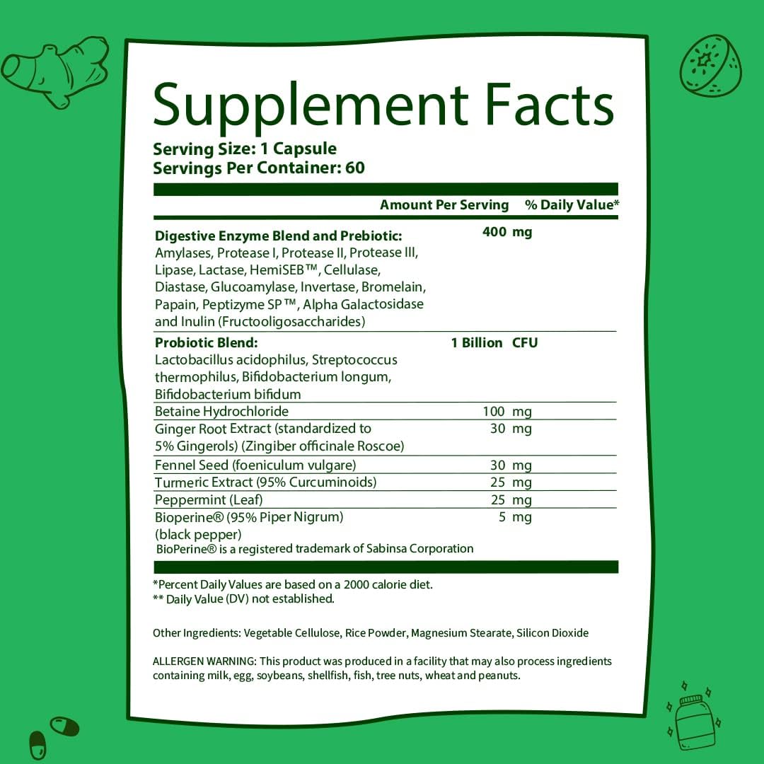 Digestive Enzymes Supplement with Prebiotics and Probiotics - Supports Gut Health, Gluten and Lactose Digestion - Plant Based Pills for Men and Women - 60 Capsules