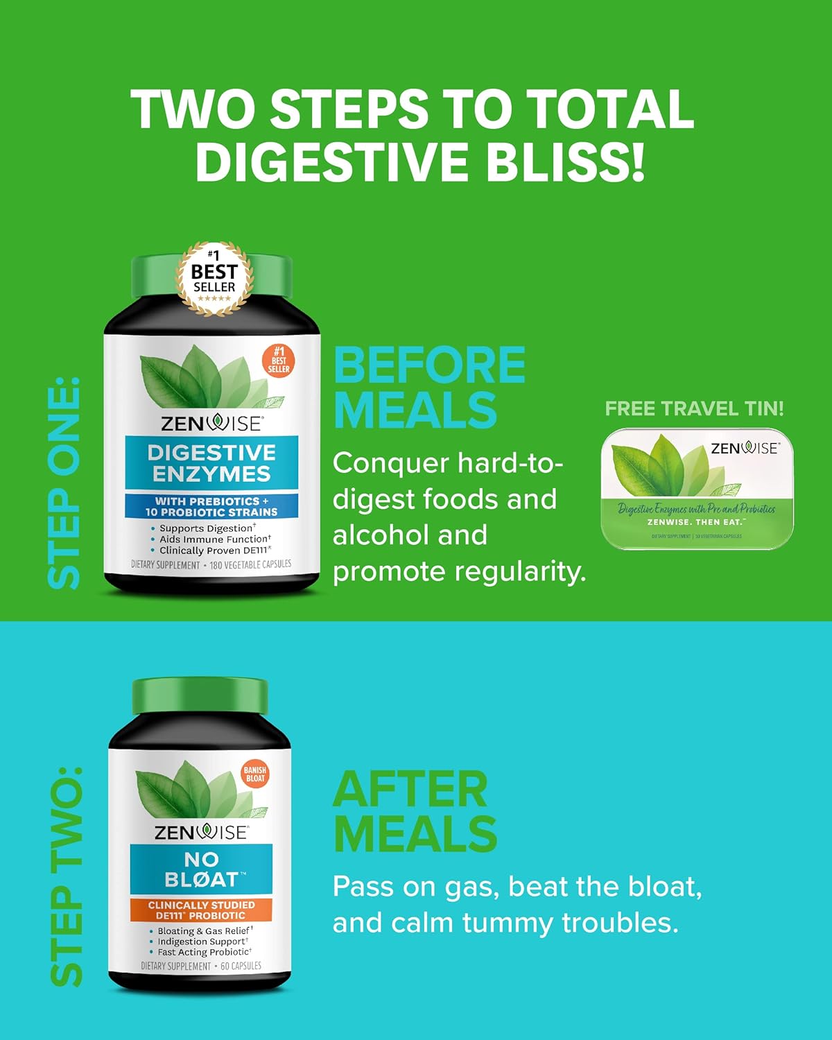 Digestive Enzymes with Probiotics for Bloating Relief and Gut Health, Free Travel Tin - Zenwise Health