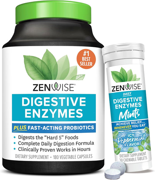Digestive Enzymes with Probiotics for Men and Women - Capsules and Chewable Peppermint Supplement for Gut Health by Zenwise Health