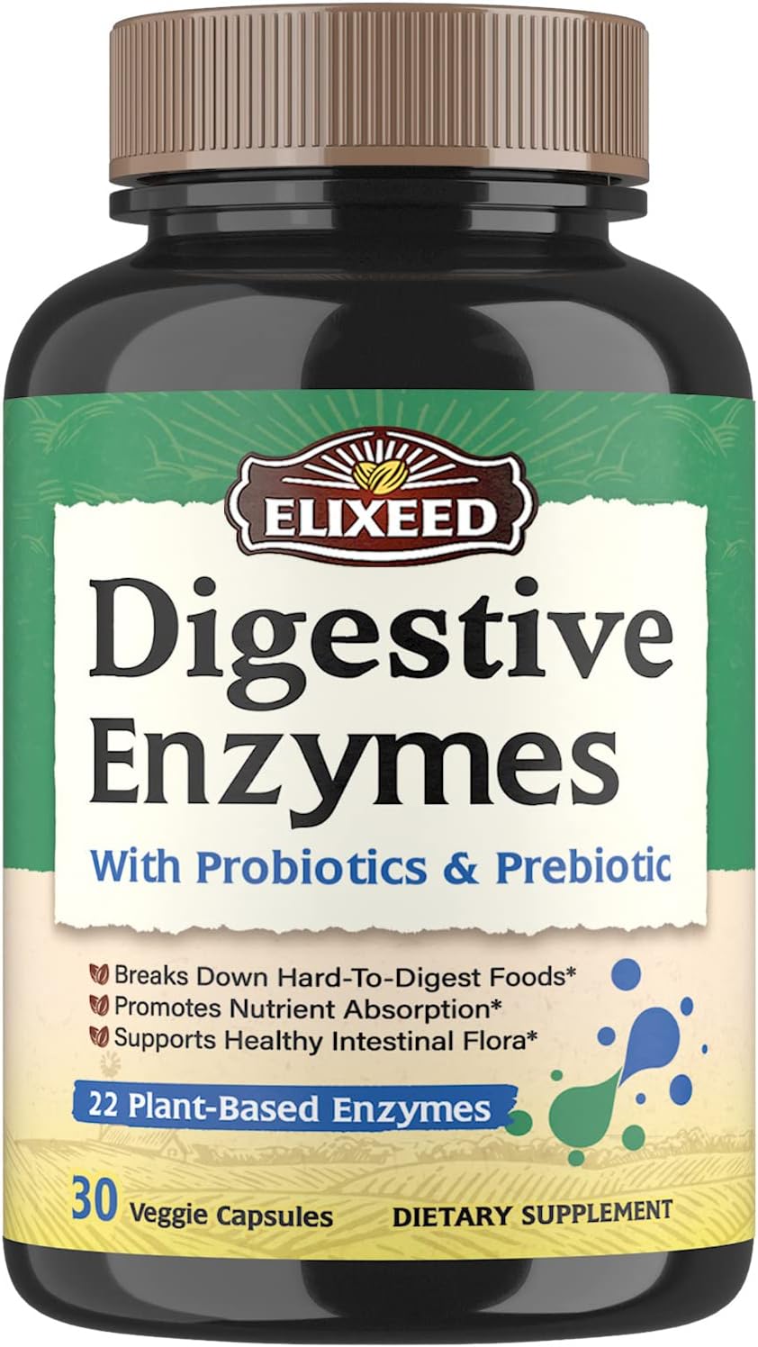Digestive Enzymes with Probiotics & Prebiotics - Maximum Strength, 30 Capsules, Vegan & Non-GMO - Elixeed
