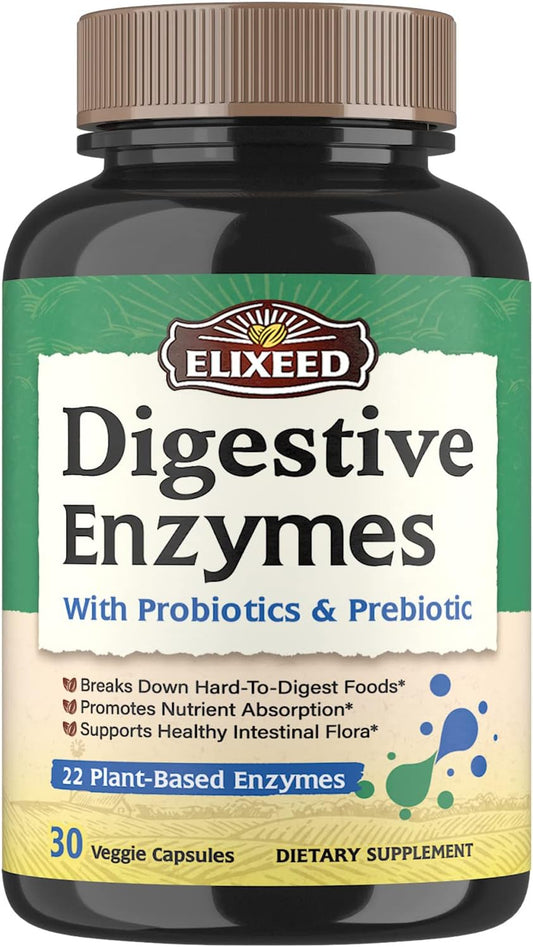 Digestive Enzymes with Probiotics & Prebiotics - Maximum Strength, 30 Capsules, Vegan & Non-GMO - Elixeed