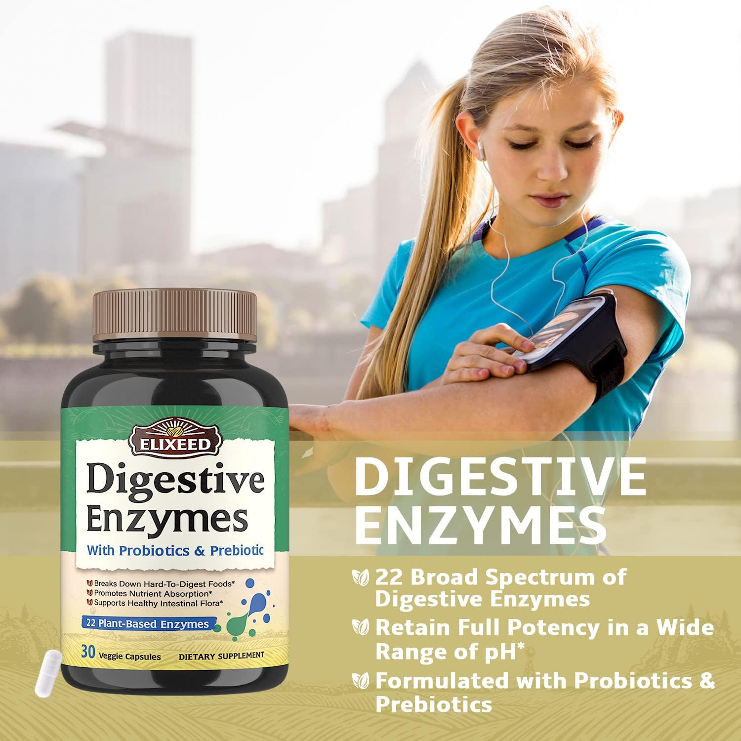 Digestive Enzymes with Probiotics & Prebiotics - Maximum Strength, 30 Capsules, Vegan & Non-GMO - Elixeed